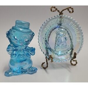 Vtg Mosser Glass Little Fiddler Clown Wilby Blue Carnival w.‎ Matching Plate